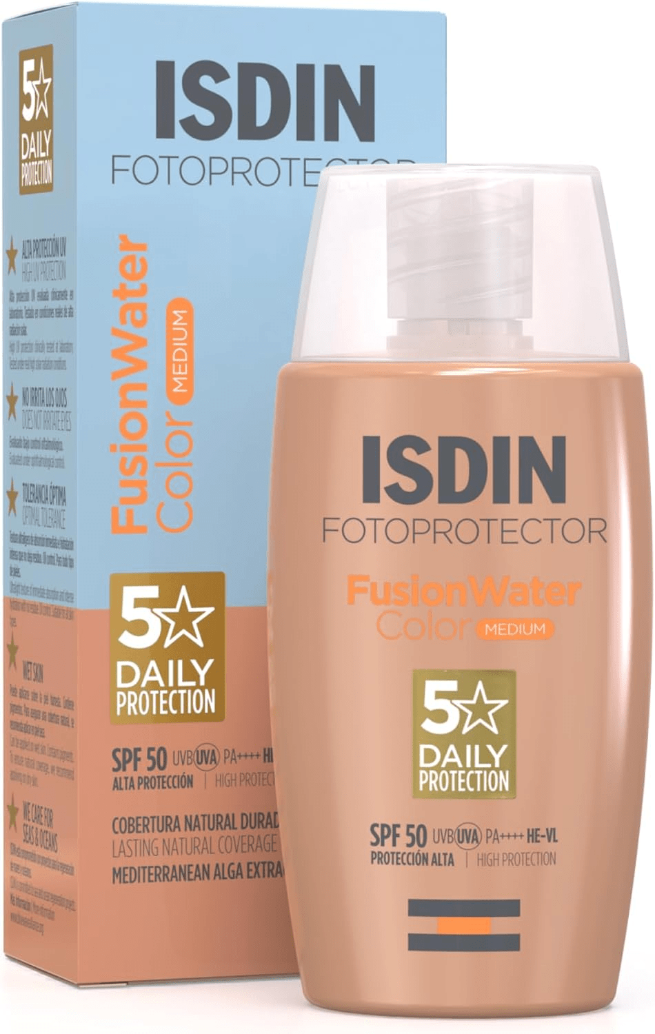 ISDIN, Fusion Water Color Medium, protector solar facial, color, SPF 50, textura ultraligera, rápida absorción, unifica el tono de la piel, disimula imperfecciones, no comedogénico, testado dermatológicamente